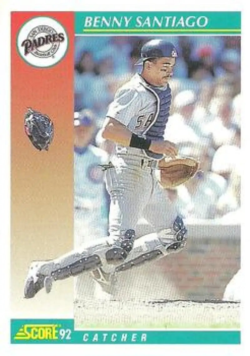 Baseball card of Benito Santiago catching for the San Diego Padres at home plate