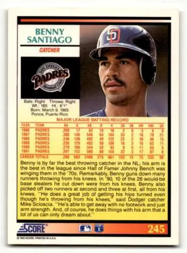 1992 Score #245 Benny Santiago San Diego Padres Baseball Card with original gloss quality