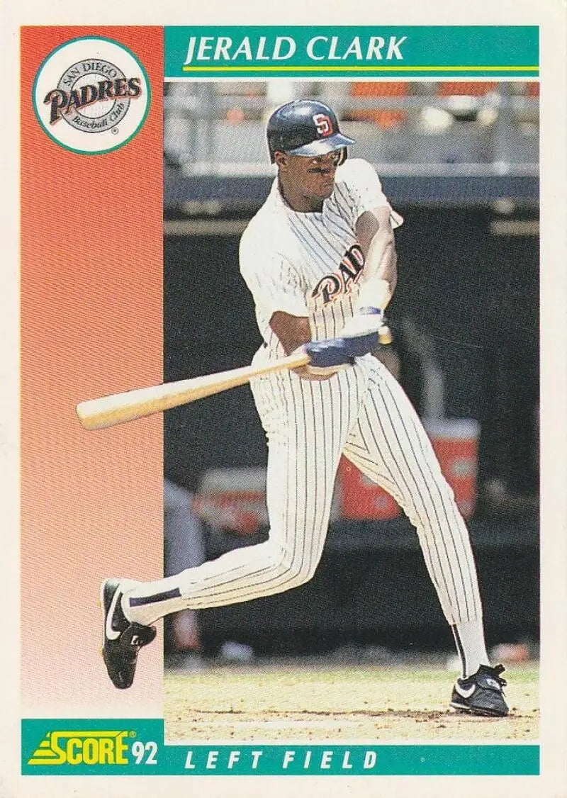 Jerald Clark swinging bat on 1992 San Diego Padres baseball card in pinstripes