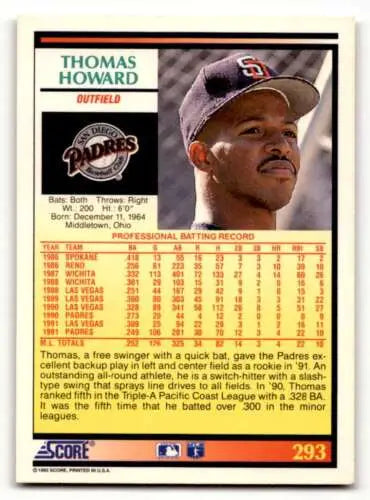 1992 Score #293 Thomas Howard San Diego Padres Baseball Card with original gloss finish