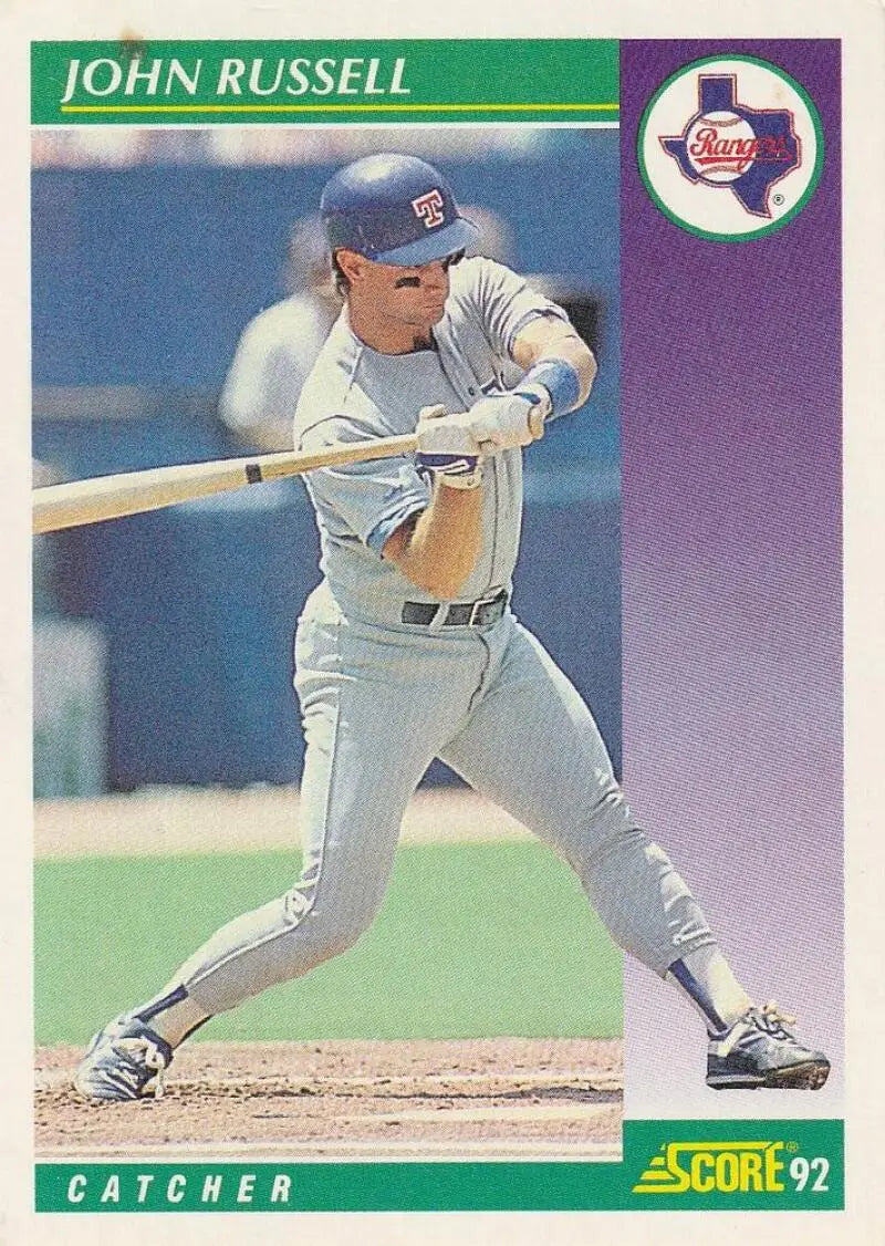 Baseball card of John Russell at bat from the Texas Rangers 1992 Score set