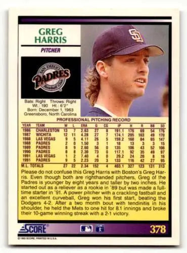 1992 Score #378 Greg Harris San Diego Padres Baseball Card with original gloss finish