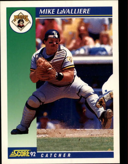 1992 Score Mike LaValliere baseball card featuring Pittsburgh Pirates catcher in defense