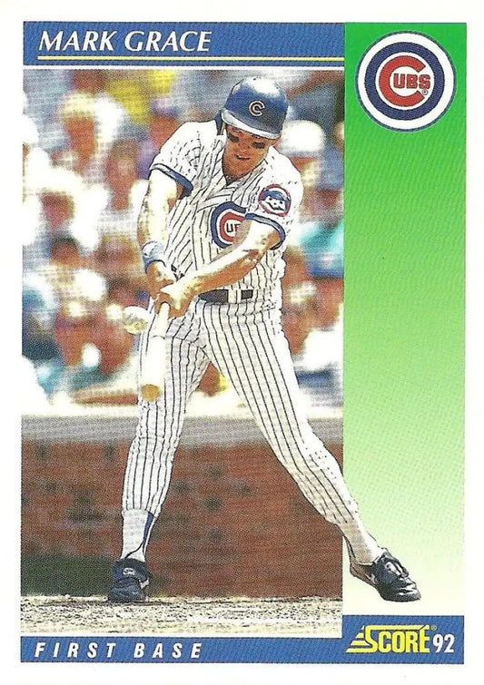 Baseball card of Mark Grace batting in pinstripe uniform for the Chicago Cubs