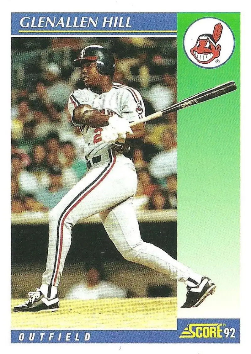 1992 Score Glenallen Hill Cleveland Indians Baseball Card featuring the outfielder at bat