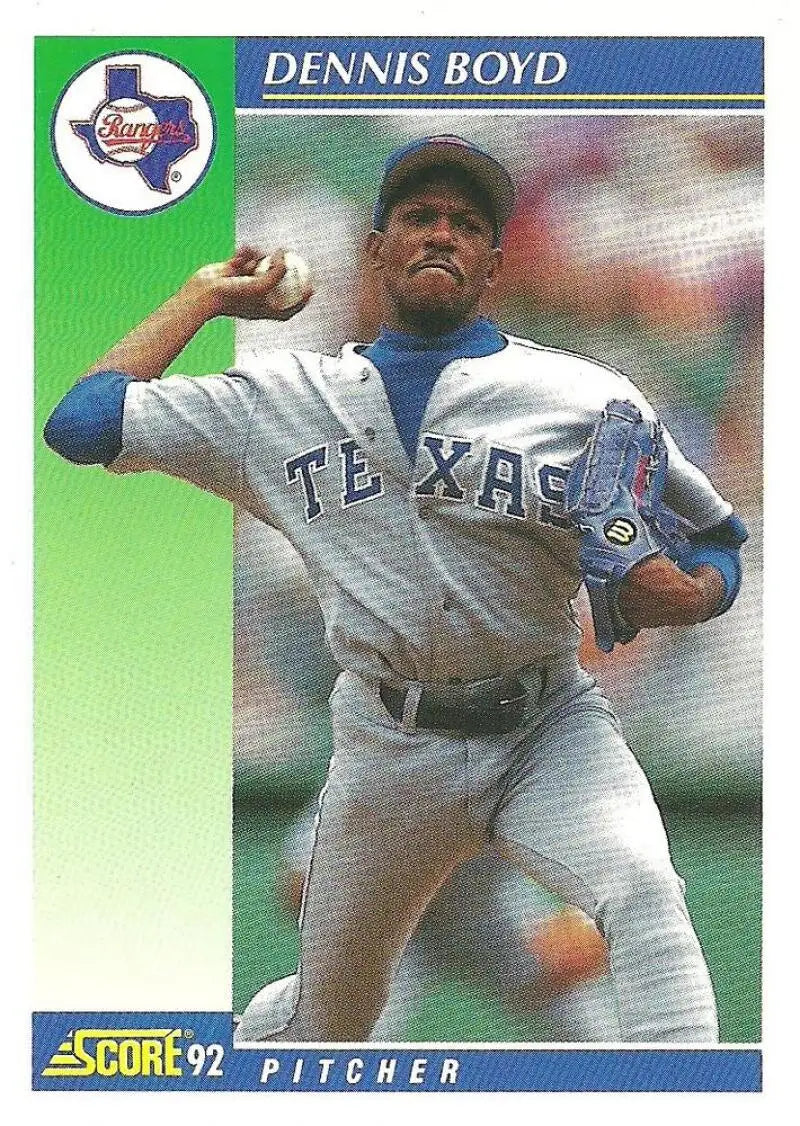 Texas Rangers baseball card of Oil Can Boyd in a gray road uniform throwing motion