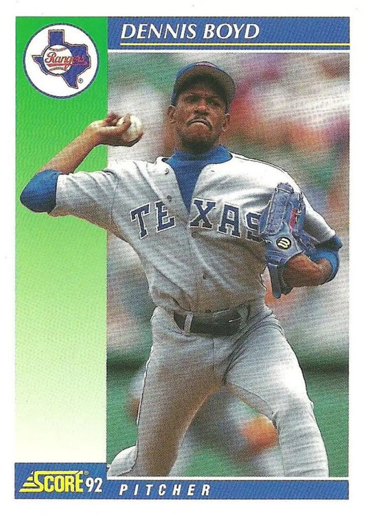 Texas Rangers baseball card of Oil Can Boyd in a gray road uniform throwing motion