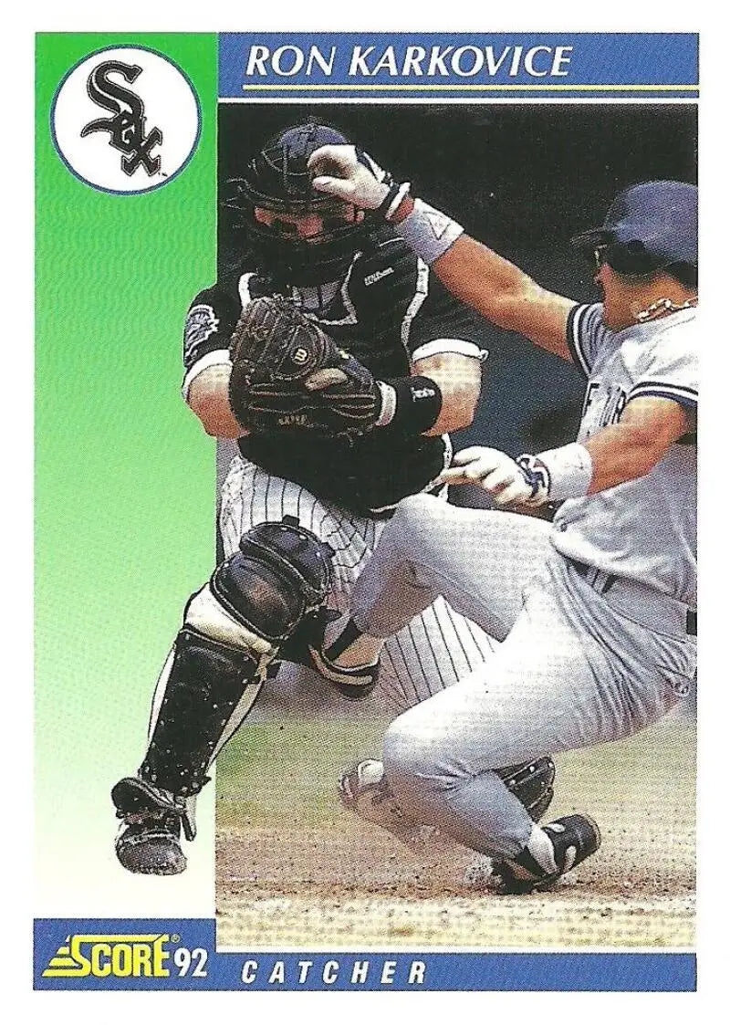 Ron Karkovice 1992 Score #532 Baseball Card depicting White Sox catcher at home plate