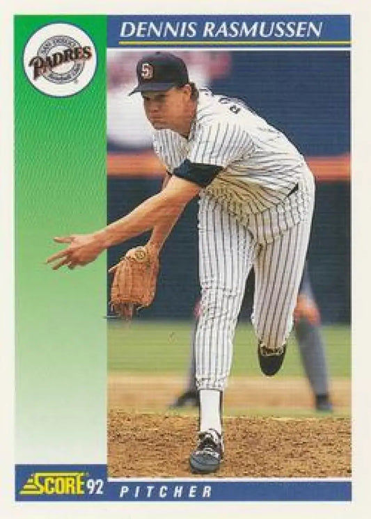 Dennis Rasmussen pitching in pinstriped uniform on 1992 Score San Diego Padres card