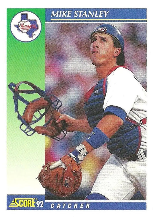 Baseball card of Mike Stanley in Texas Rangers uniform from 1992 Score #549