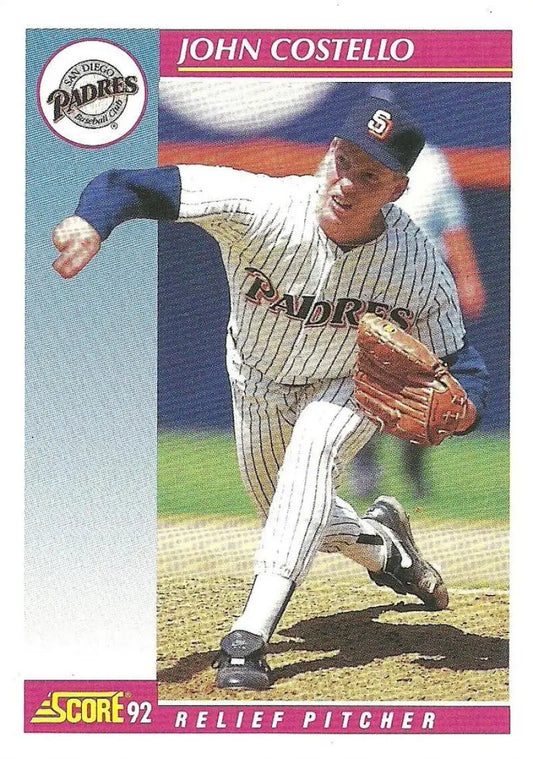 Baseball card of San Diego Padres relief pitcher John Costello in delivery motion