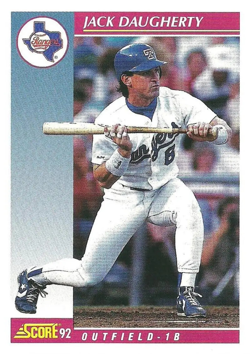 Texas Rangers baseball card of Jack Daugherty in bunting stance from 1992 Score set