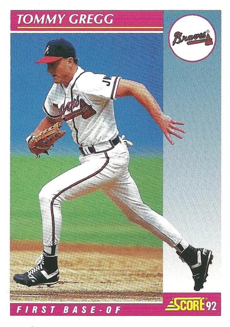 1992 Score #623 Tommy Gregg Baseball Card featuring Atlanta Braves first baseman in home uniform