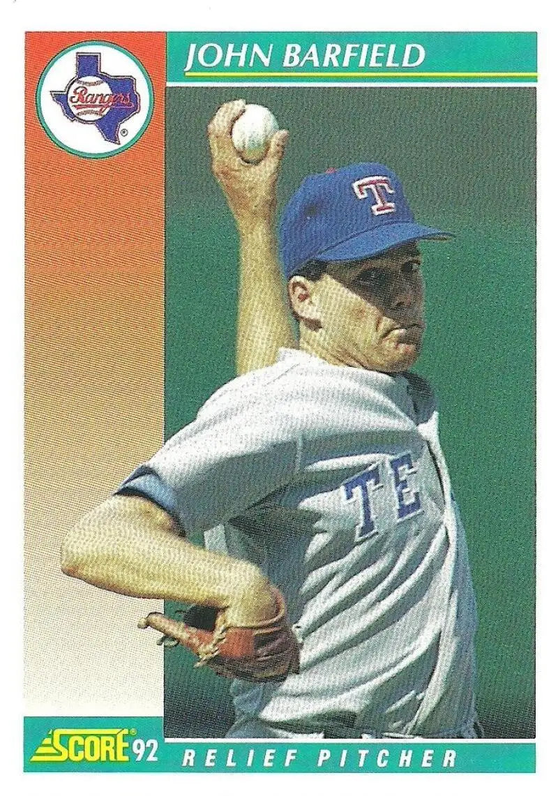 Baseball card of John Barfield pitching for the Texas Rangers in a white uniform