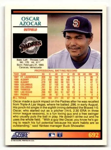 Oscar Azocar baseball card 1992 Score #692 with original gloss for San Diego Padres collectors