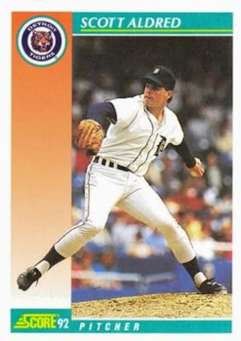 Baseball card of Scott Aldred, Detroit Tigers pitcher in mid-throwing motion