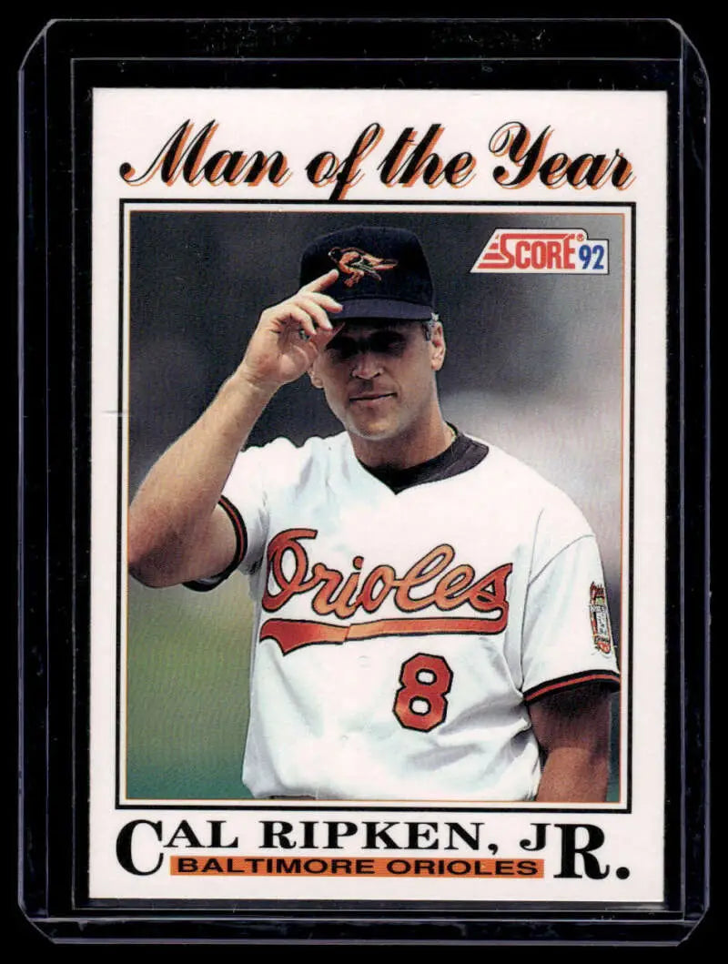 Baseball card of Cal Ripken Jr. in Baltimore Orioles jersey number 8, adjusting cap