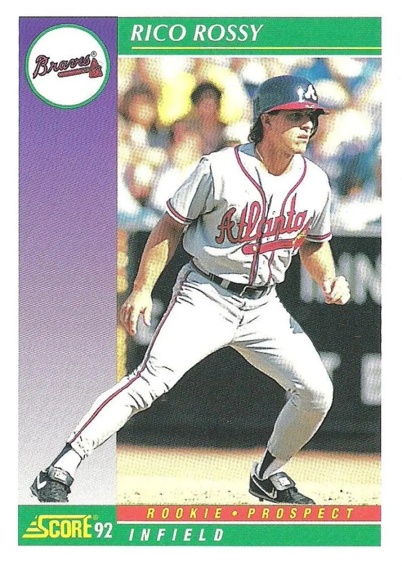 1992 Score baseball card of Rico Rossy, Atlanta Braves infielder in white uniform