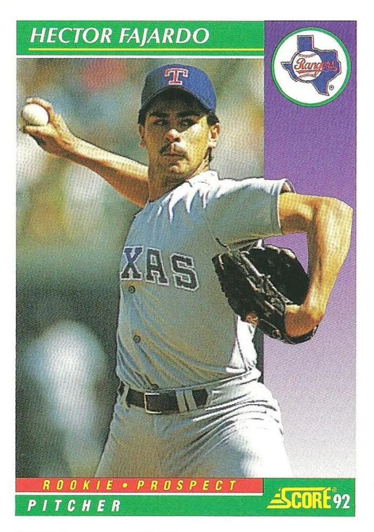 Hector Fajardo Texas Rangers baseball card with pitcher in mid-throwing motion