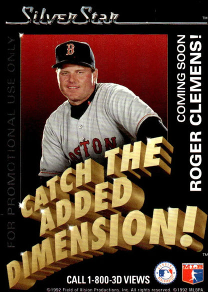 Baseball card of Roger Clemens in Boston Red Sox uniform, Silver Star Hologram