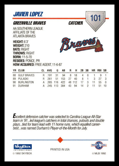 Javy Lopez baseball card featuring the Greenville Braves from the 1992 Skybox collection