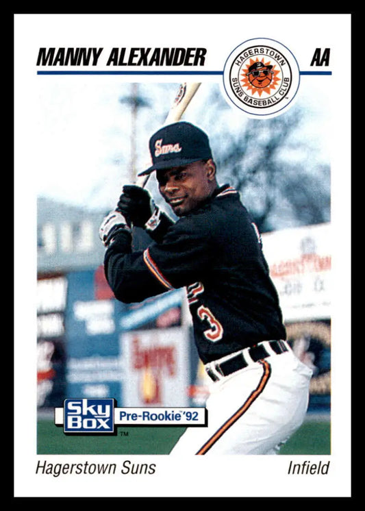 Baseball card of Manny Alexander batting for Hagerstown Suns in black uniform