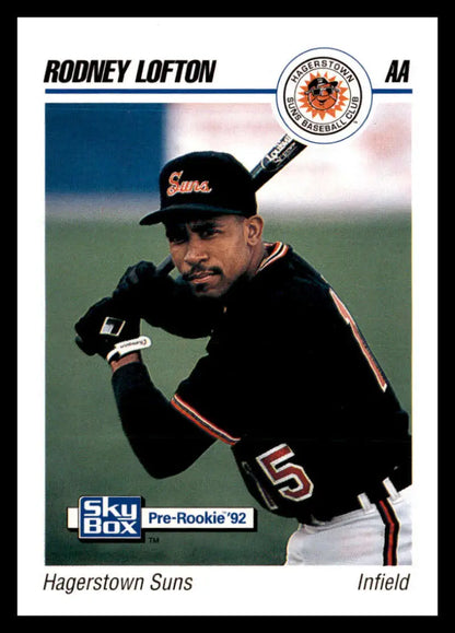 Baseball card featuring Rodney Lofton of Hagerstown Suns in a black uniform