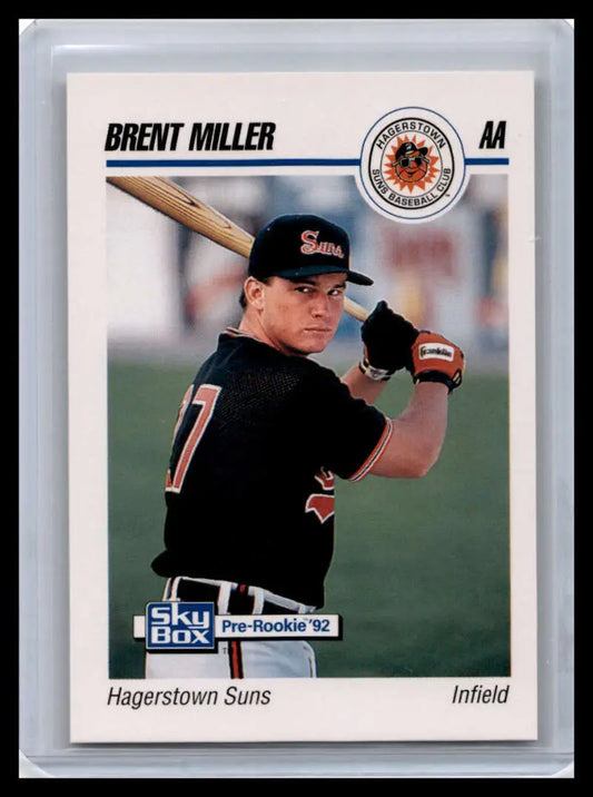 Baseball card of Brent Miller, infielder for Hagerstown Suns in black uniform