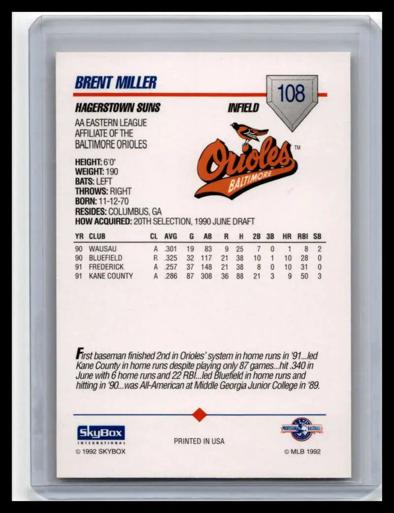 Baseball card of Brent Miller featuring statistics from Hagerstown Suns 1992 Skybox