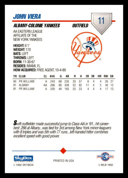 Baseball card featuring statistics for John Viera of the Albany-Colonie Yankees