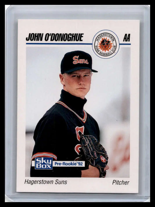 Baseball card of John O’Donoghue in black uniform for Hagerstown Suns