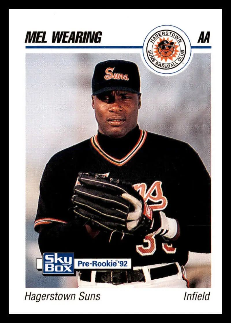 Baseball card of Mel Wearing in Hagerstown Suns black uniform, 1992 Skybox AA #114