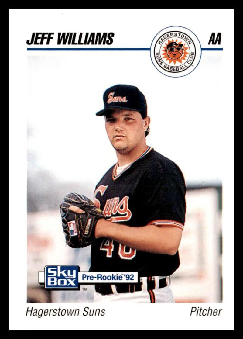 Baseball card of Jeff Williams in black uniform for Hagerstown Suns 1992 Skybox AA #115