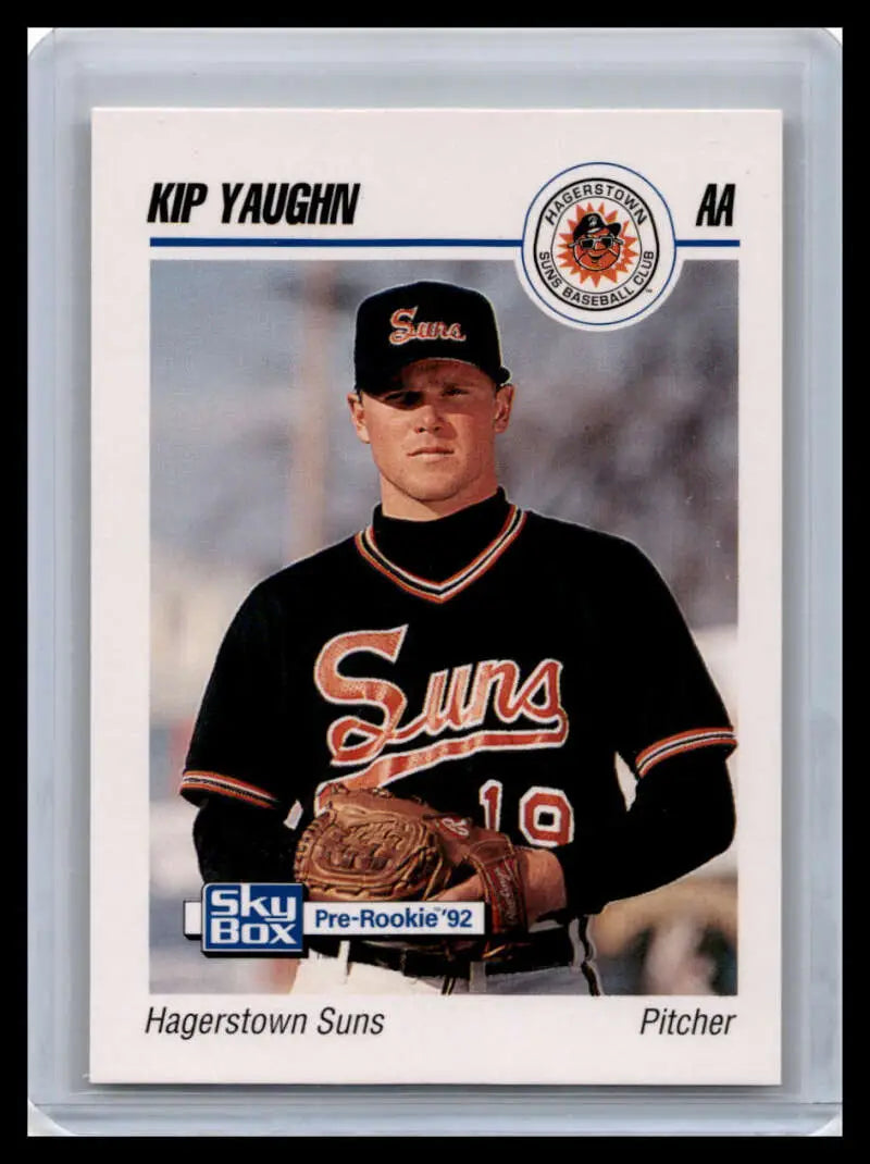 Kip Yaughn Hagerstown Suns pitcher baseball card in black uniform with orange lettering