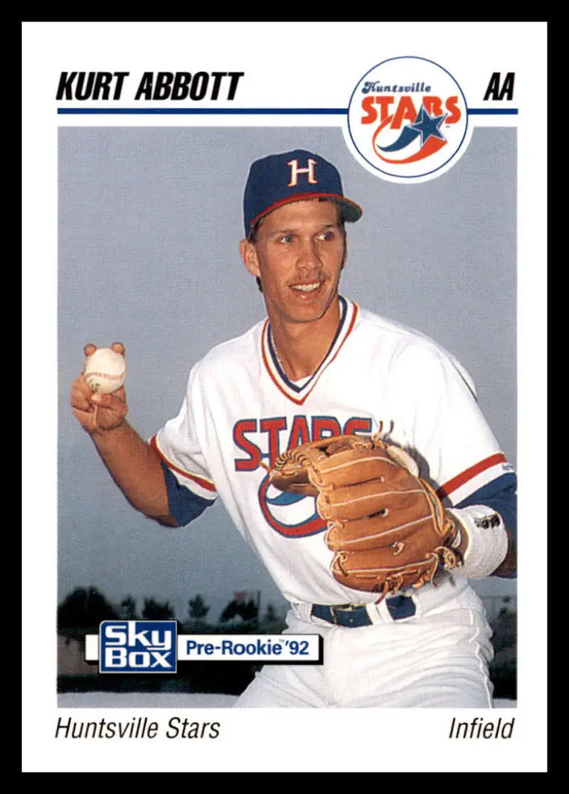 Kurt Abbott Huntsville Stars infielder baseball card in white uniform with glove and ball