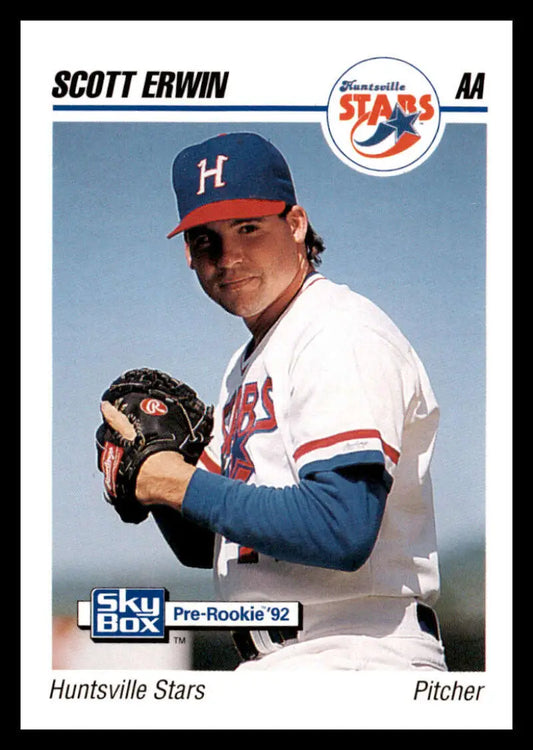 Baseball card of Scott Erwin, Huntsville Stars pitcher in white and navy uniform