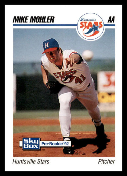 Baseball card of Mike Mohler pitching for the Huntsville Stars in mid-delivery