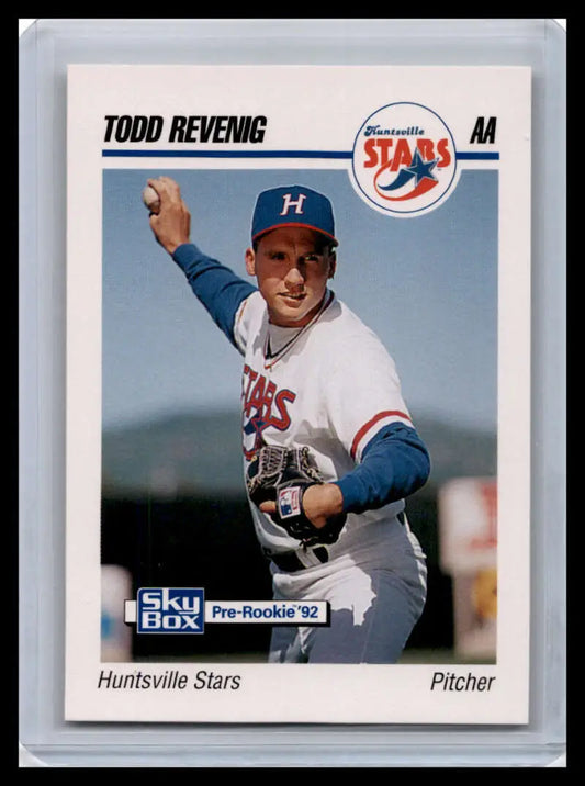 Baseball card of Todd Revenig pitching for Huntsville Stars in blue and white uniform