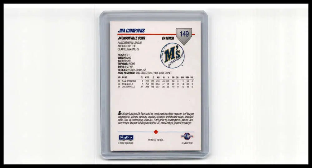 Baseball card of Jim Campanis in a protective case for Jacksonville Suns collectors