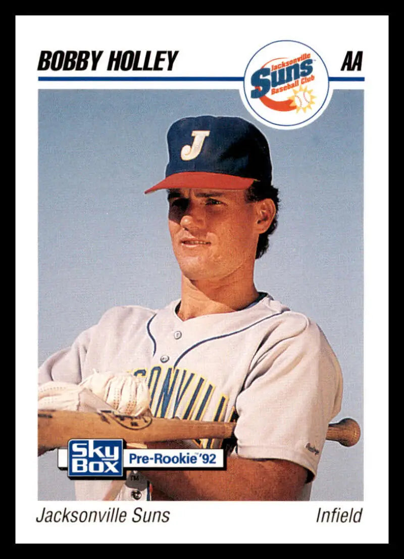 Baseball card of Bobby Holley in a Jacksonville Suns uniform with navy cap