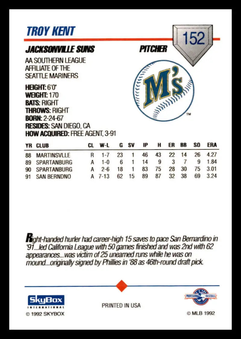 Baseball card of Troy Kent showcasing Seattle Mariners stats and Jacksonville Suns logo