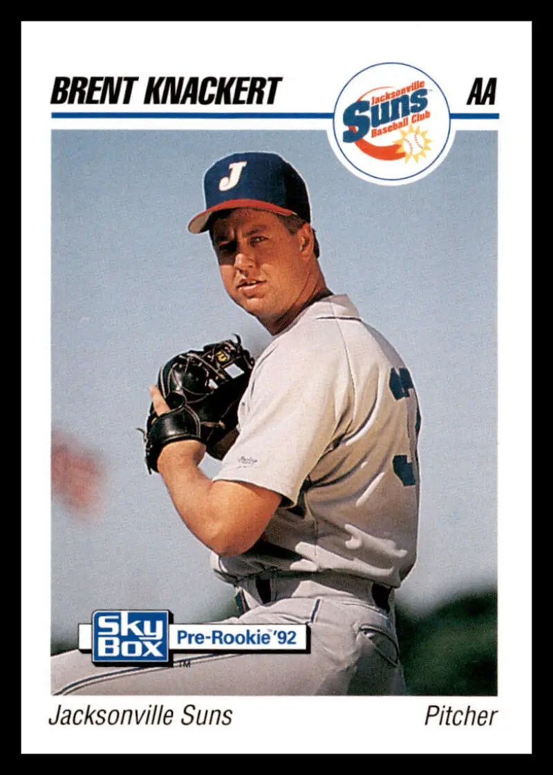 Baseball card of Brent Knackert in white uniform for Jacksonville Suns team