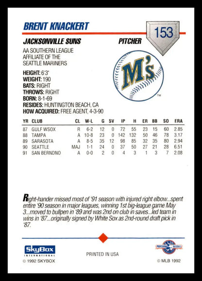 Baseball card of Brent Knackert with Jacksonville Suns stats and biography