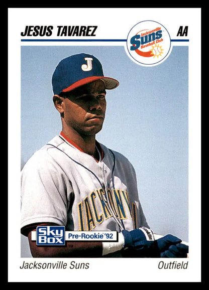 Baseball card of Jesus Tavarez in a Jacksonville Suns uniform and navy cap