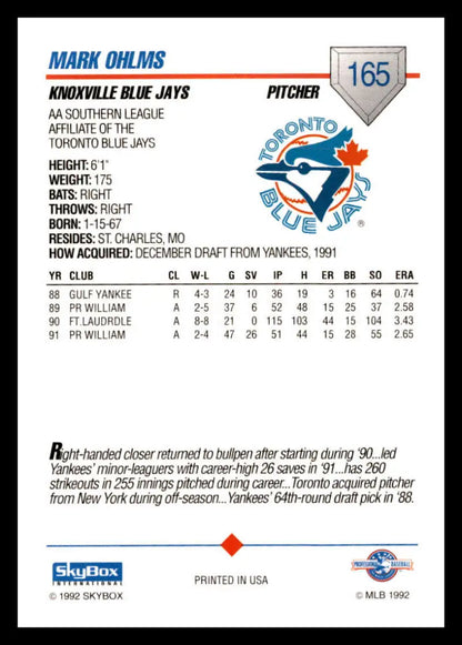 Baseball card of Mark Ohlms from Knoxville Blue Jays with team logo and stats