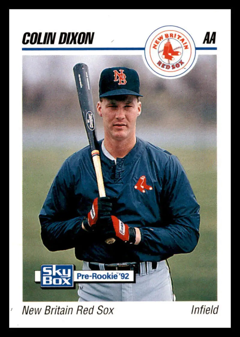 Baseball card of Colin Dixon, New Britain Red Sox infielder with bat in uniform