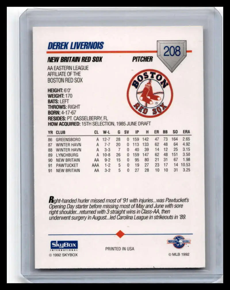 Baseball card featuring Derek Livernois stats for Britain Red Sox, 1992 Skybox AA #208