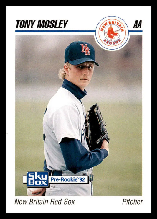 Baseball card of Tony Mosley, New Britain Red Sox pitcher in navy and white uniform