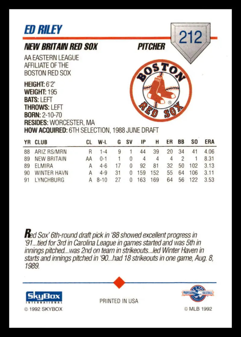 Baseball card featuring Ed Riley’s stats for the Britain Red Sox team