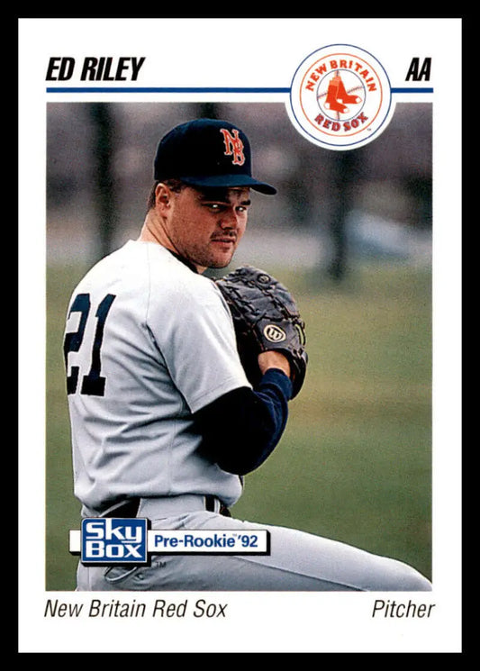 Baseball card of New Britain Red Sox pitcher Ed Riley in white and black uniform